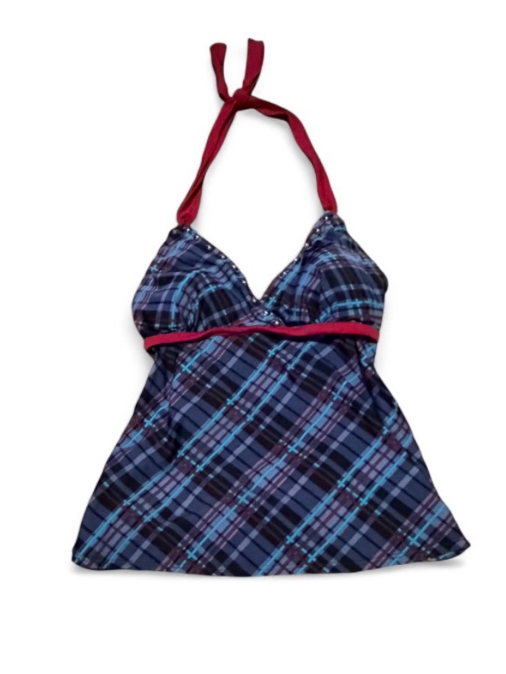 Y2K Plaid Halter Studded Tankini Top with Red Trim